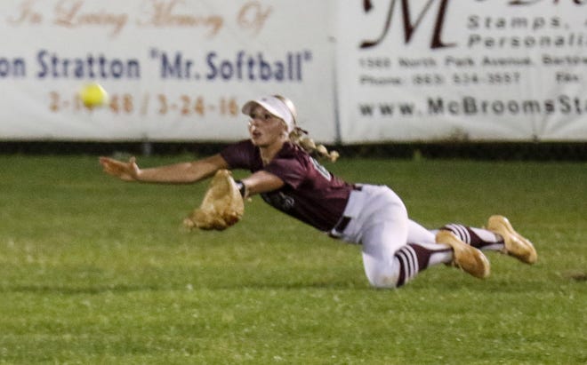 George Jenkins' Alaina Kennedy (23) comes up short on a diving catch attempt late in the game.