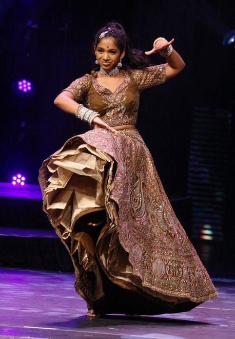 Miss Swan City's Teen Vaishnavi Rednam performs a Bollywood style dance in the talent portion of the Miss Florida's Teen Finals at the RP Funding Center in Lakeland on Saturday, June 29 2024.
