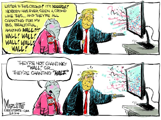 Editorial cartoon for Aug. 11, 2024: They're chanting what?