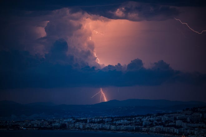 August 14, 2024: This photograph shows lightning striking over the French Riviera city of Nice, Southerneast France.
