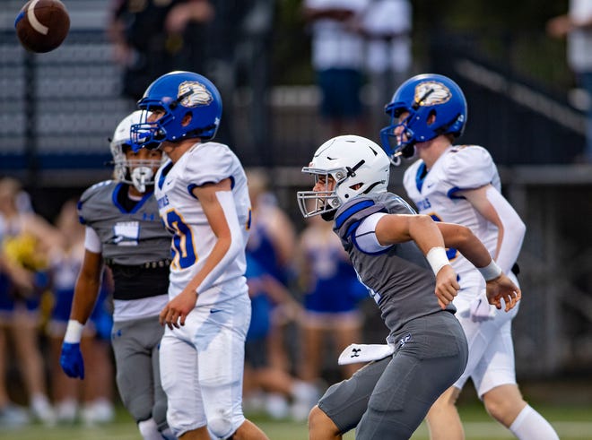 Lakeland Christian Vikings quarterback (10) Brody Brenneman celebrates a touchdown against First Academy Royals during first half action at Lakeland Christian in Lakeland Fl. Friday August 18,2023.
Ernst Peters/The Ledger